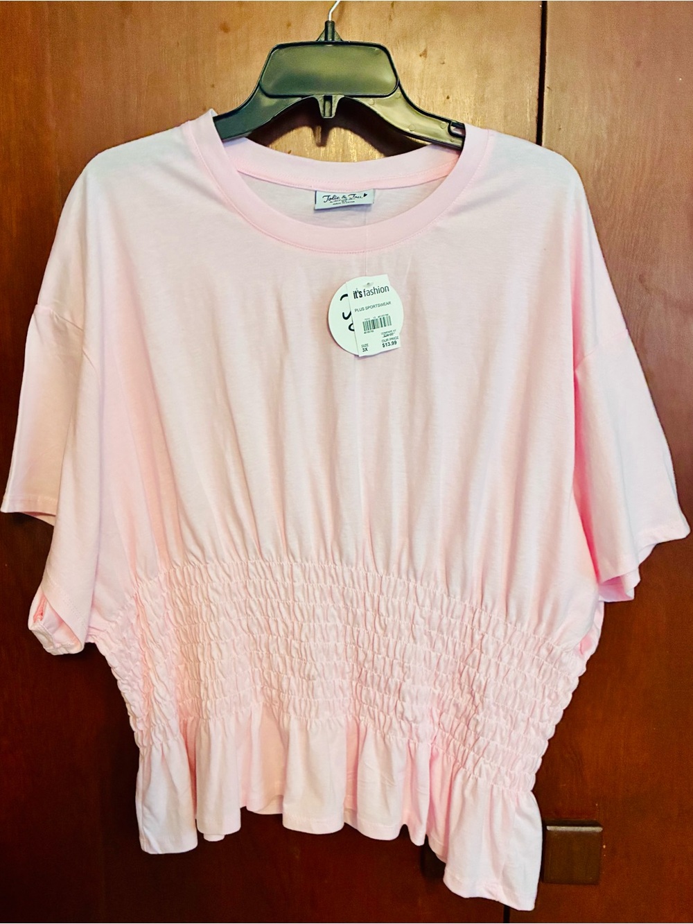 The Fashion Lab Smocked Peplum Short Sleeve Top - Pink